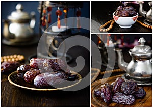 Dried dates for Iftar opening. Ramadan collage.