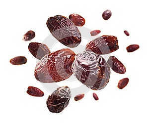 Dried dates levitate on a white background