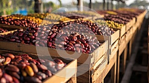 Dried dates in wooden crates at market