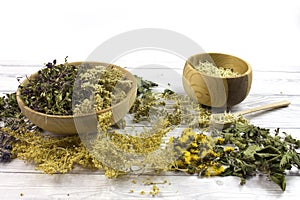 Dried different herbs on wooden background, white space for text