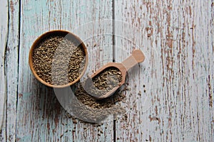 Dried fennel seeds, in a wooden bowl with a wooden measuring spoon.