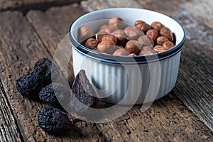 Dried figs and hazelnuts food ingredients