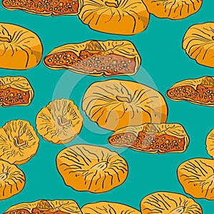 Dried figs seamless pattern on green background.