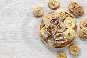 Dried figs turkey in a bowl on wooder background, Healthy eating concept,Common fig (Ficus carica L