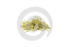 Dried Filipendula ulmaria, commonly known as meadowsweet or mead wort isolated on white background.