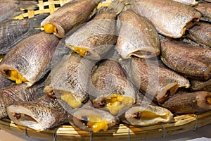 Dried fish on bamboo basket.