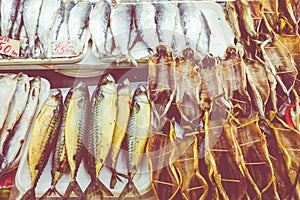 Dried fish Omul lying on the counter in Listvyanka, Lake Baikal. Siberia. Russia