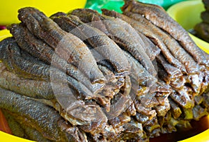 Dried fish with salt and spice added, the popular food for rural people in Mekong delta, south of Vietnam