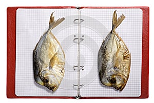 Dried fish selene on sheets of a notebook