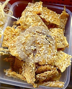 Dried fish with sesame closeup