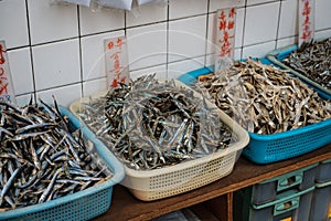 Dried fishes, dry fish on fish market, Hongkong, China
