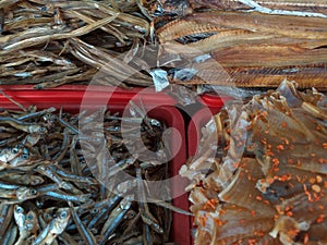 Dried fishes in a local market at Phan Thiet, Vietnam.