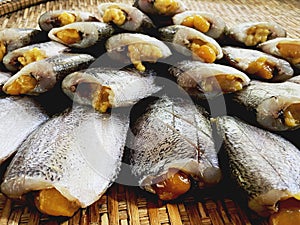 Dried fishs of Pla Salid or Sepat Siam Dried Skin Fish local food at market