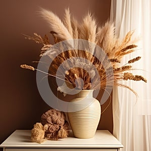 Dried flower bouquet with pampas grass and wheat. Mother\'s Day Flowers Design concept