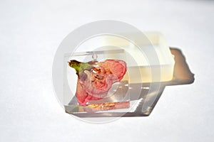 Dried flower in epoxy resin block. White silicone mold  on white background.