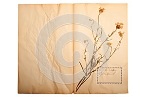 Dried flower on old, gone yellow paper