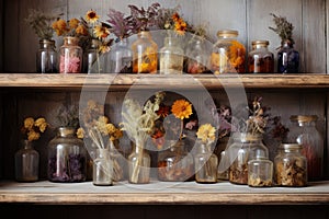 dried flowers in antique glass jars on a wooden shelf