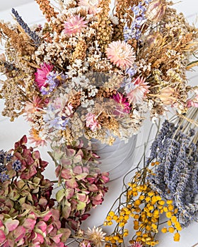 Dried flowers arrangement. Sustainable floristry. Home decor with dried flowers. photo