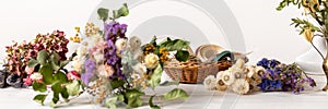 Dried flowers banner. Arranging dried flowers into a beautiful bouquet. Sustainable floristry. photo