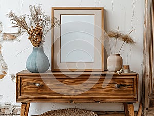 Dried flowers in a blue vase and a wooden frame on a vintage wooden table