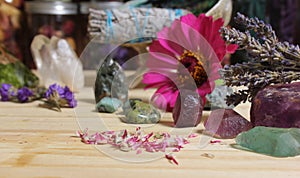 Dried Flowers and Crystal Stones on Meditation Altar Shallow DOF