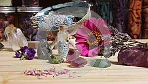 Dried Flowers and Crystal Stones on Meditation Altar Shallow DOF