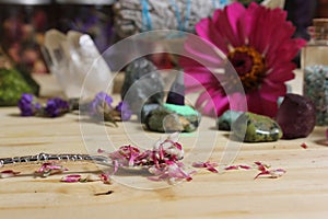 Dried Flowers and Crystal Stones on Meditation Altar Shallow DOF