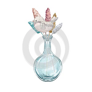 Dried flowers in a glass vase with a bird made of fabric isolated on a white background Watercolor illustration of Provencal