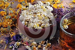 Dried flowers of medicinal chamomile. camomile flowers in a wooden bowl. cup of fresh chamomile tea. medicinal herbs