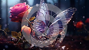 Dried flowers and smoke on a black background. glass rose smokes and a glitter butterfly sits on it, shining. Ai
