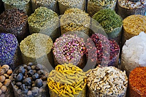Dried flowers and spices at the Herbs Market in the Dubai Spice Souk