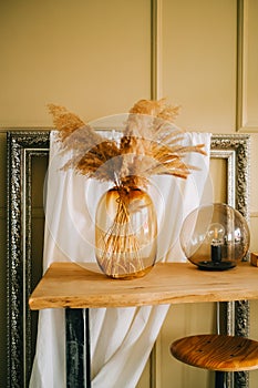 Dried flowers spikelets pampas in a vase on on a wooden console table in living room