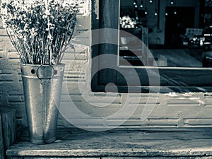 Dried flowers in stainless steel tanks on wooden chair nearing the window with sunlight in evening. Background concept