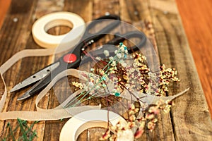 Dried flowers and tools