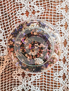 Dried flowers in a vase, autumn herbarium in pastel colors, top view