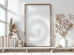 Dried flowers in a vase and a wooden frame mockup on a white shelf