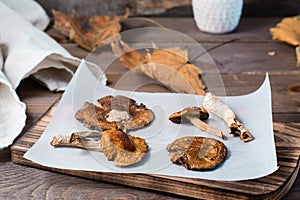 Dried fly agarics on parchment on a wooden table. Microdosing and Alternative Medicine. Close-up