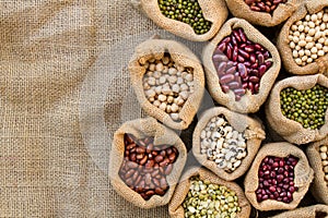 Dried food of legumes seed in sack bag top view