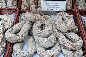 Dried French sausages on french market stall,provence France