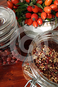 Dried and fresh rose hips