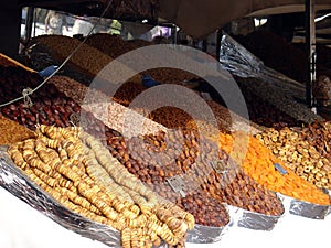 Dried fruit on the market at the Djemaa El-fna Square in Marrakesh