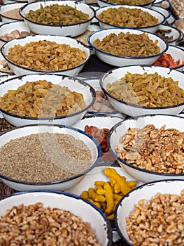 Dried fruit and nuts on display in the spice market of chandni chowk in old delhi