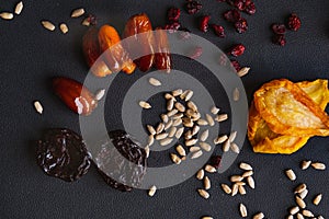 Dried fruit and seeds composition.