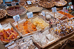 Dried fruit and seeds at the fruit market