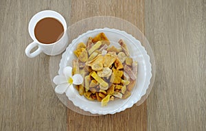 Dried fruit snack with coffe break in the mornig