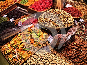 Dried fruits and colours in Boqueria Market, Barcelona, Spain