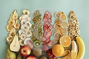 Dried fruits and fruit chips along with the fresh fruit of which they are made