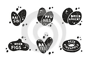 Dried fruits, grunge stickers set. Raisin, prunes, apricot, fig, pineapple, dates. Black texture silhouette with lettering inside