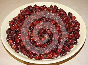 Dried fruits of medicinal rose hips.