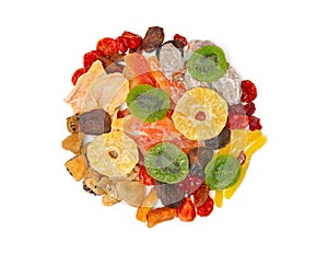 Dried fruits mix. It has the shape of a circle. Isolated on white background